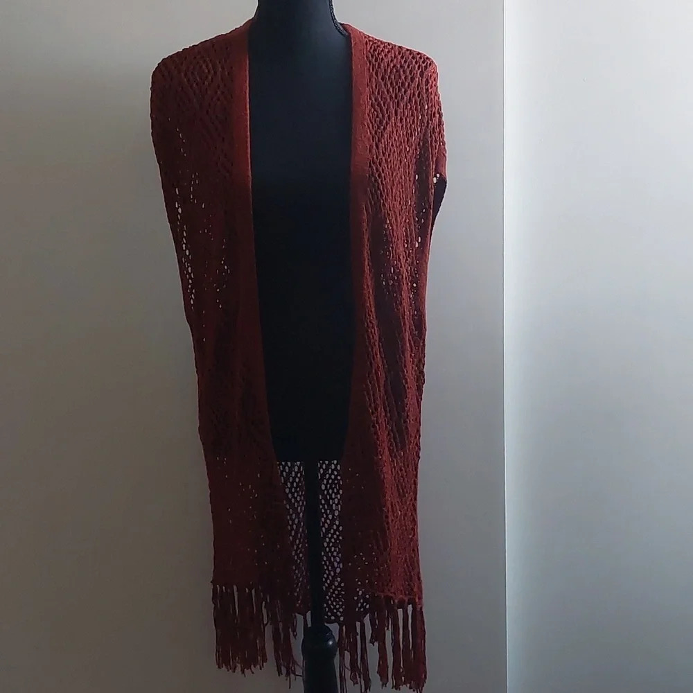 Bohemian Crocheted Open knit Duster Sweater Vest Rust Brown w/ Fringe S New